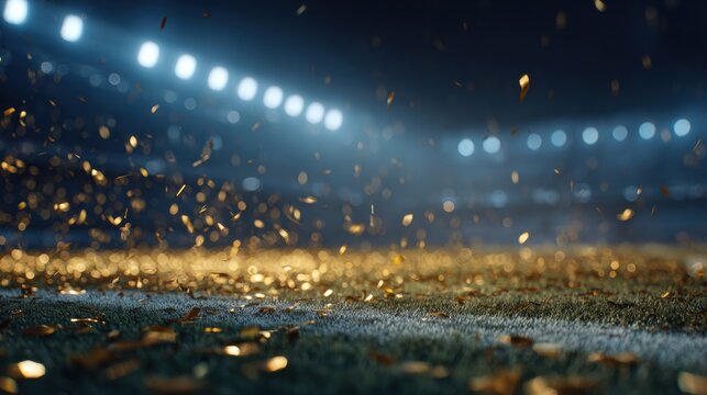 Confetti falls gracefully on the football pitch as powerful floodlights illuminate the scene during a championship game.