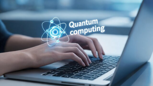 Hands typing on laptop with quantum computing graphic