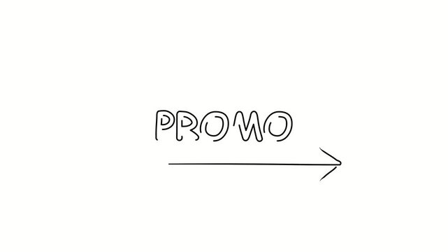 Promo. Contour drawing business text animation with arrow, direction. Continuous line word. Isolated message on white. Video 4k object illustration self-drawing. Minimalist continuous line drawing sil
