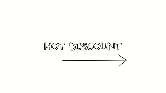 Hot discount. Contour drawing business text animation with arrow, direction. Continuous line word. Isolated message on white. Video 4k object illustration self-drawing. Minimalist continuous line draw