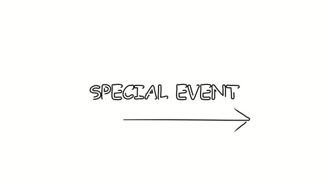 Special event. Contour drawing business text animation with arrow, direction. Continuous line word. Isolated message on white. Video 4k object illustration self-drawing. Minimalist continuous line dra