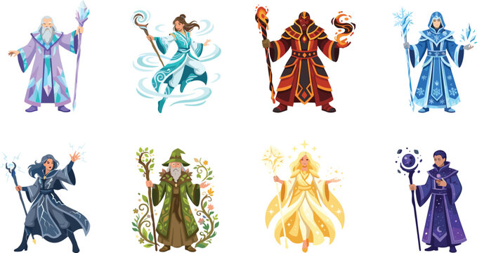 Fantasy RPG Elemental Mage Vector Set with Magical Sorcerers Spellcasters and Wizards for Game Design