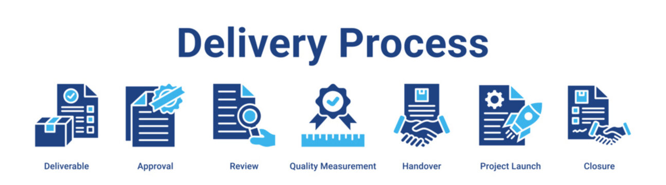Delivery Process web banner icon vector illustration concept for business with icon of Deliverable, Approval, Review, Quality Measurement, Handover, Project.