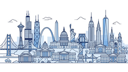 Obraz premium American City Skylines Vector Illustration - Famous Landmarks Montage