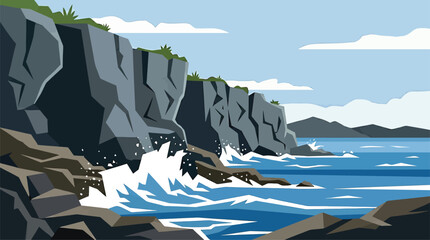 Rugged Coastal Cliffs With Crashing Waves Under a Blue Sky, Dramatic Seascape Illustration for Travel and Nature Themes © hvala Bogu