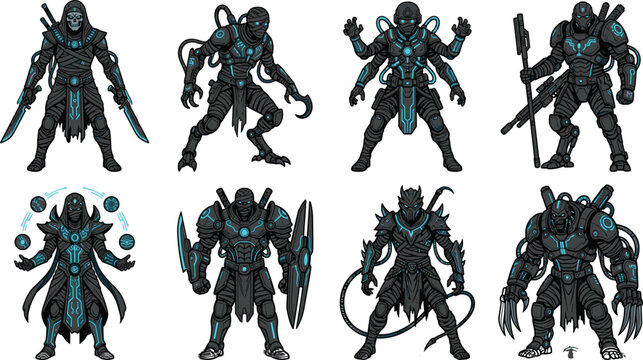 Futuristic Cyber Warrior and Sci Fi Character Collection with Robotic Armor Vector Set
