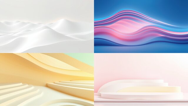 Abstract backgrounds, smooth curves, soft lighting. Minimalist design, geometric shapes, pastel colors dominate composition.