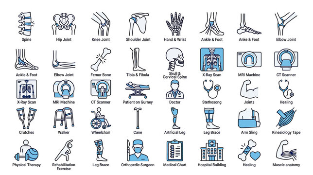 Orthopedic Medical Icons Set: Skeleton, Joints, Bones, Muscles, Therapy, Surgery