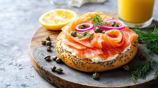 Smoked salmon bagel with cream cheese dill and capers on wooden board