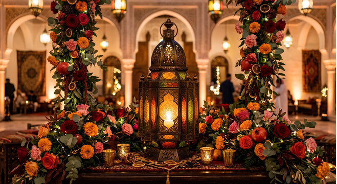 Decorated Christmas nativity scene with lantern and festive greenery in warm indoor setting
