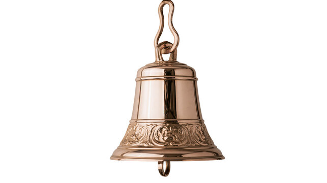 Ornate polished bronze bell with decorative engravings, isolated on transparent background