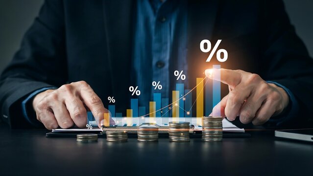 Businessman analyzing financial growth with coins and percentage charts