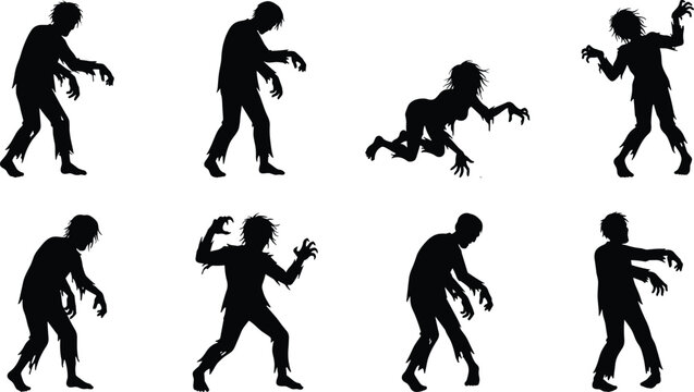 Zombie Silhouette Character Collection with Creepy Walking and Crawling Horror Poses Vector Set