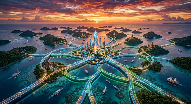 Futuristic Eco Resort Islands Connected by Circular Bridges at Sunset