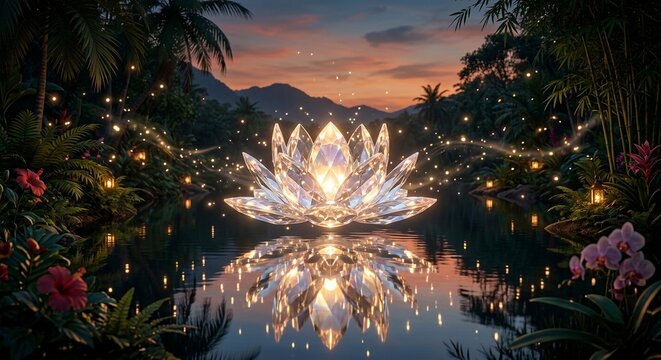 Spiritual crystal lotus flower ornament on water with warm sunset reflection