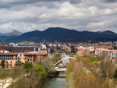 Pamplona cityscape with arga river and san jorge bridge