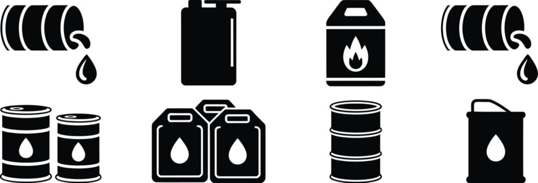 Oil Barrel icon set, fuel drum symbols, liquid storage containers, energy industry and petroleum vector graphics