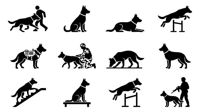 Police K9 training silhouettes with handlers and obstacles