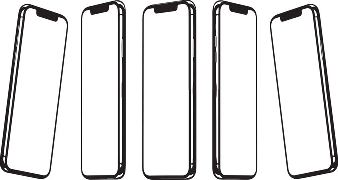 Five smartphone screens are shown side by side on a surface