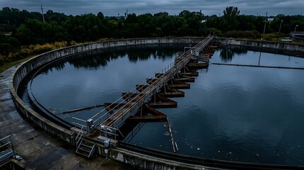 Naklejka premium Large circular clarifier tank at a wastewater treatment facility for sewage processing