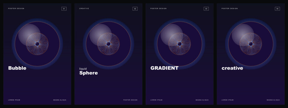 Abstract gradient sphere posters, set of 4 creative bubble vector backgrounds, futuristic dark purple circular orb designs for mobile app UI