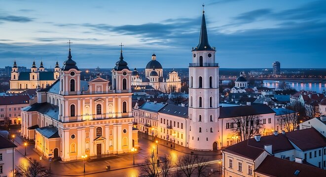Illuminated Historic Church and Bell Tower at Blue Hour in European Old Town