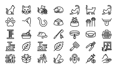 Cute cat outline icons collection   Kitten pet feline playful editable stroke illustration on white background © Md