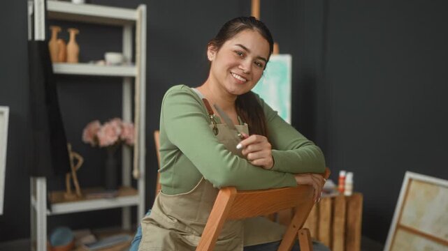 Woman painter leans on wooden chair holding palette knife and smiling in studio; creative confidence.