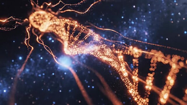 Orange glowing DNA helix in dark particle space.