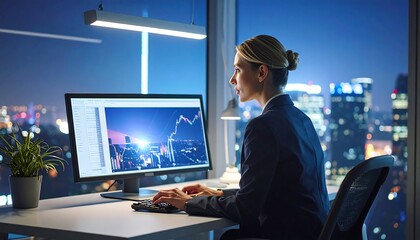 Fototapeta premium Focused Businesswoman Analyzing Financial Data on Desktop Monitor in Nighttime City Office