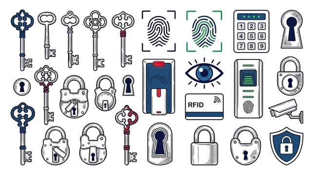 Security Icons: Keys, Locks, Fingerprint, RFID, Eye, Camera, Keypad