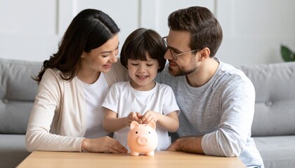 Happy Family Teaches Child About Saving Money with a Piggy Bank © Mamad