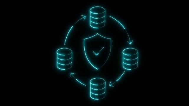 glowing neon Data protection icon isolated on black background. database Data protection icon. technology of data protection and processing, connection hosting server, database synchronize system.
