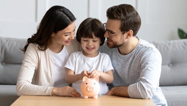 Happy Family Teaches Child About Saving Money with a Piggy Bank