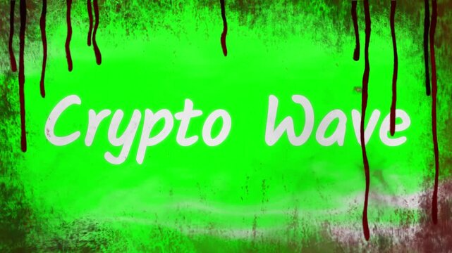 Crypto Wave text appears in a clean white typeface centered on a bright green field surrounded by dark vertical drips that frame the message for financial technology or digital currency projects.