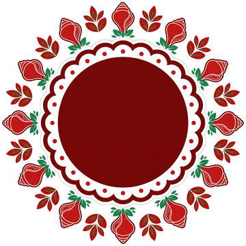 High-resolution vector-style circular emblem with a large solid mahogany central disk, scalloped white ring and sankha shell border on pure white background