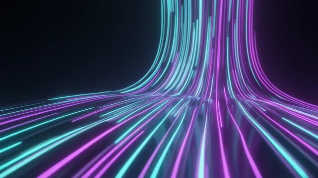 Flowing holographic data streams weave through translucent glass layers with cyan and violet light trails, creating elegant artificial intelligence technology background with cinematic depth.