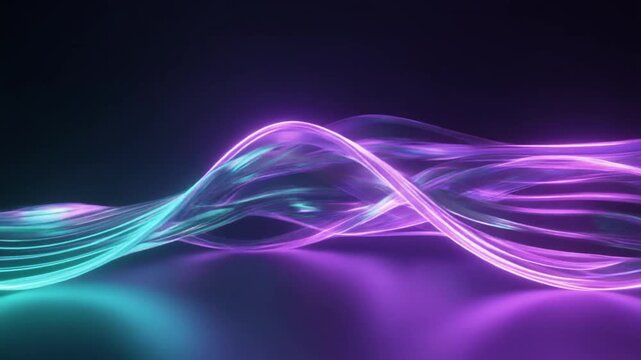 Flowing holographic data streams weave through translucent glass layers with cyan and violet light trails, creating elegant artificial intelligence technology background with cinematic depth.