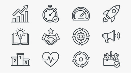 Fototapeta premium Professional Black and White Line Icons Set Featuring Business Growth Innovation Health and Success Concepts