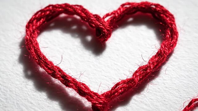 Red string shaped like heart on white background.