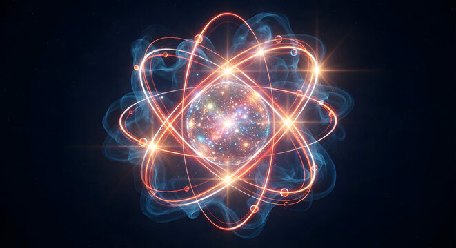 Complex 3D atom model with a glowing core and vibrant orange electron orbits in deep space.