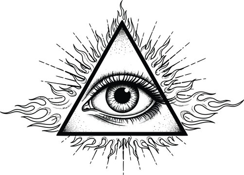 All seeing eye of providence in triangle with flames  mystic symbolism