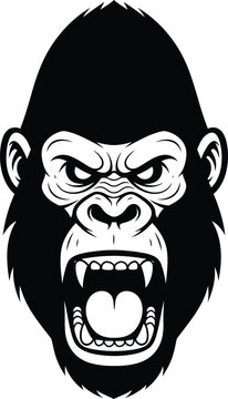 Angry gorilla face with open mouth and sharp teeth closeup