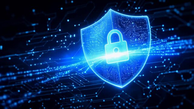 Glowing digital shield with lock symbol representing cybersecurity protection and data security in technology