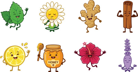 Playful cartoon natural ingredients with smiling faces including mint, chamomile, ginger, cinnamon, lemon, honey, hibiscus, lavender illustration © MstMostarina