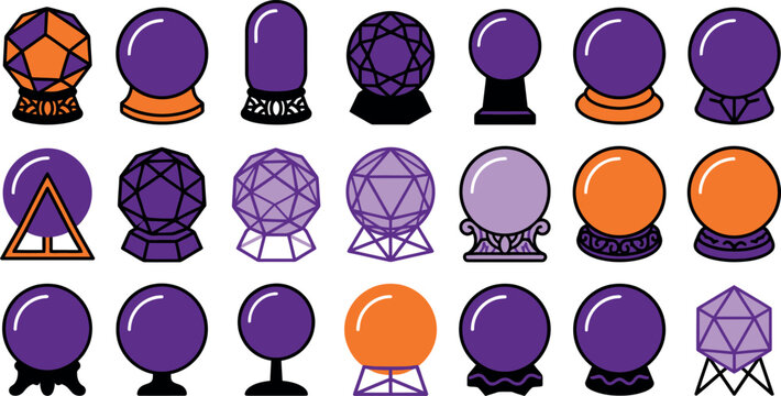 Collection of mystical crystal balls and geometric bases vector illustration