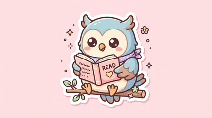 Fototapeta premium Charming cartoon owl with book celebrating love for reading and learning in pastel colors with set against soft pink background adorned decorative floral star elements