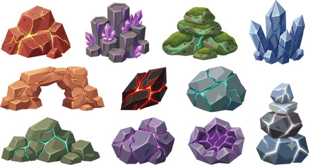 Fantasy cartoon rock and crystal set for video game asset © Hossain