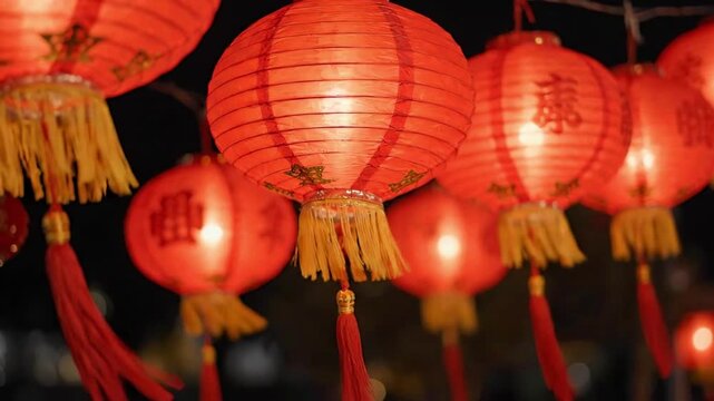Traditional Red Chinese Lanterns Glowing Softly At Night For Lunar New Year Festival Celebration And Cultural Heritage Decoration Concept
