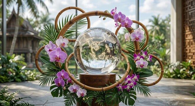 Glass globe with world map on bamboo frame decorated with tropical orchids in garden
